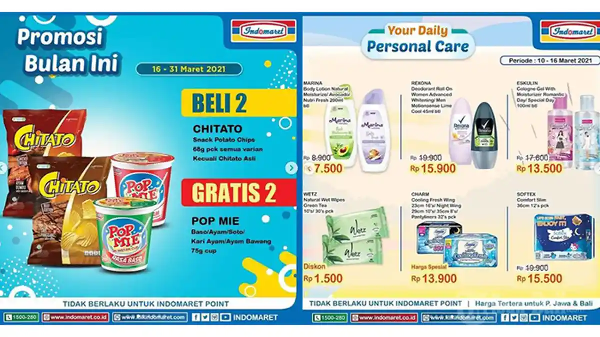 PROMO Terbaru Indomaret Hari Ini 16 Maret 2021: Beli 2 Chitato GRATIS 2 Pop Mie, Charm Rp 13 Ribuan