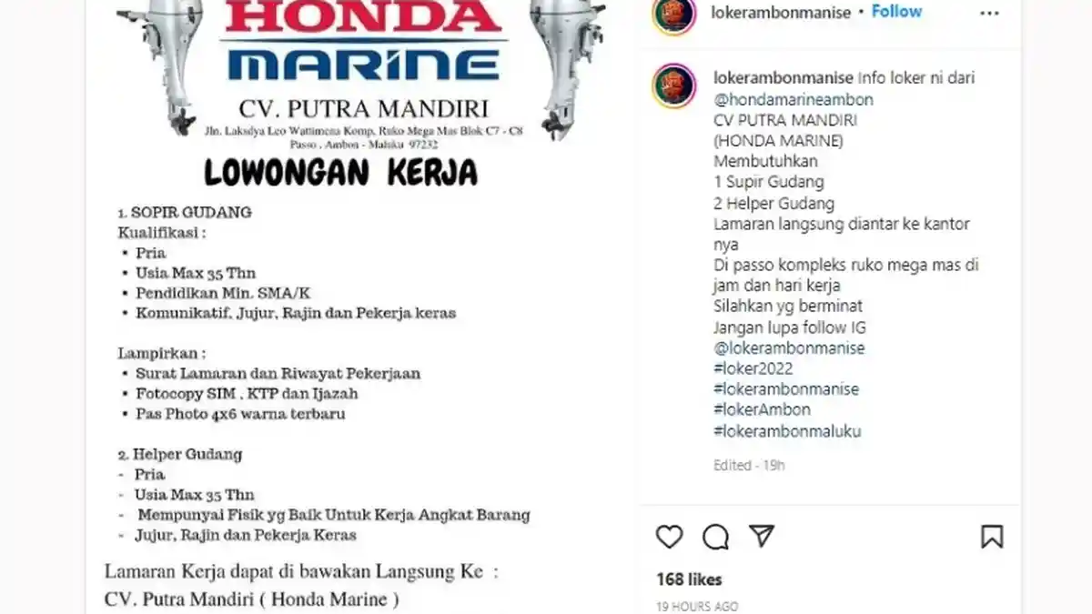 Lowongan Kerja Ambon, Honda Marine Cari Sopir dan Helper Gudang, Minimal Pendidikan SMA/Sederajat