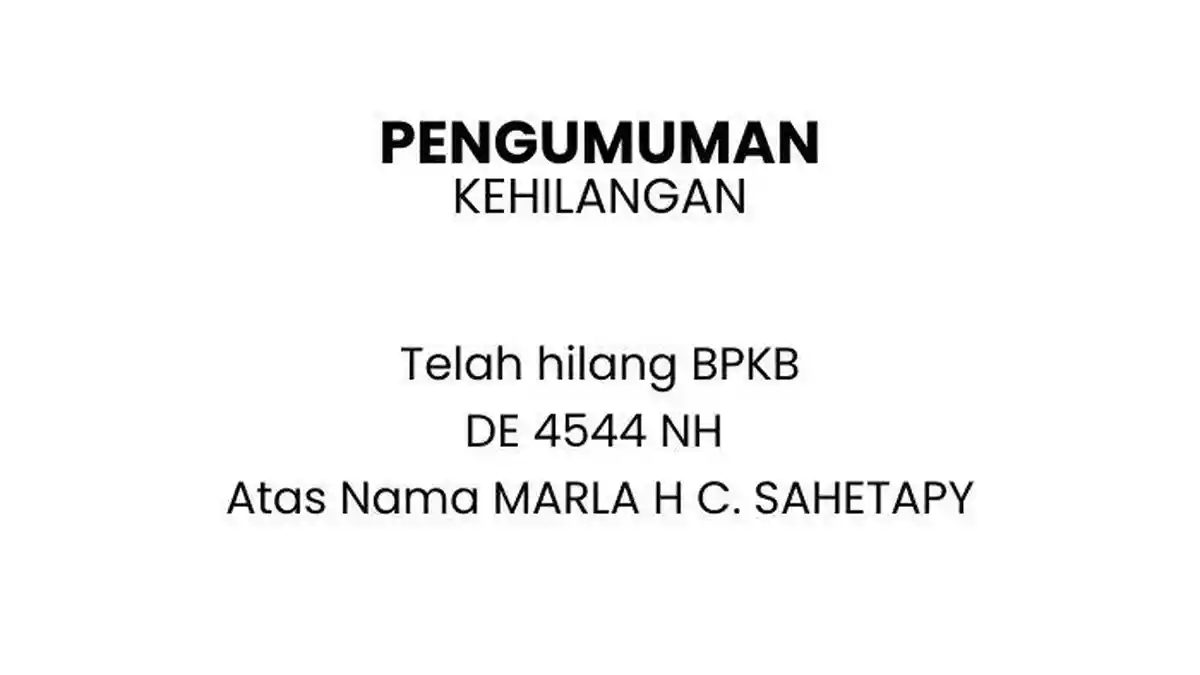 BERITA Kehilangan BPKB Motor Milik MARLA H C SAHETAPY