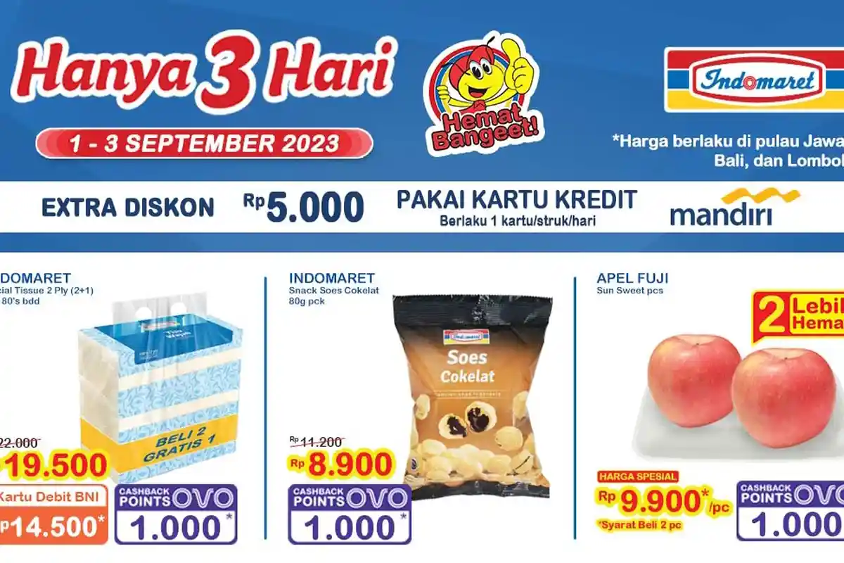 Promo Indomaret 3 September 2023 Ekstra Diskon Rp5.000, Pop Mie Tambah Rp2.000 Dapat 2, Apel Rp9.900