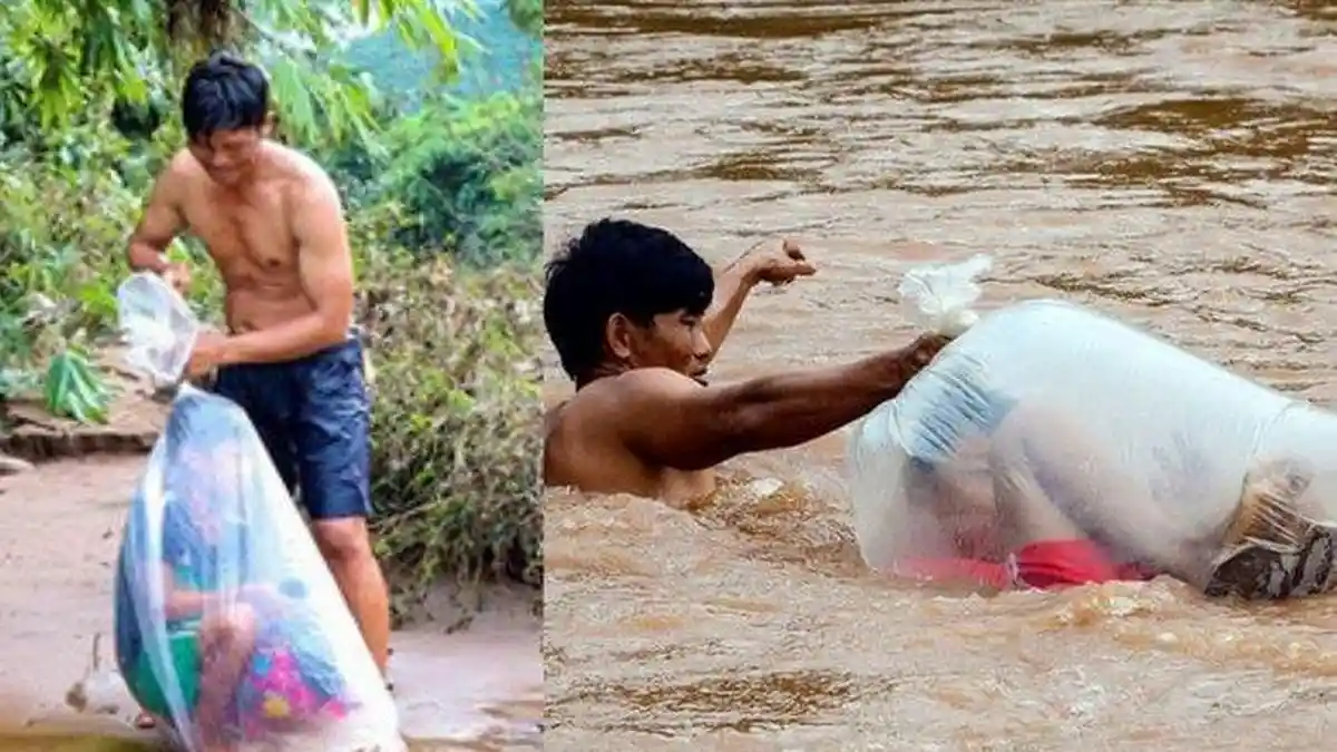 Berangkat ke Sekolah, Anak-anak Ini Dibungkus Plastik saat Seberangi Sungai