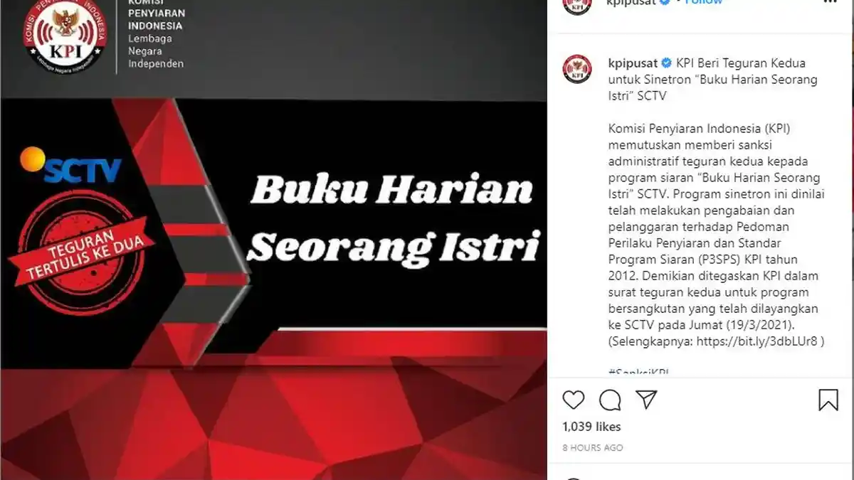 KPI Tegur Buku Harian Seorang Istri SCTV Kedua Kalinya atas Adegan Kelahi dan Monolog Luar Nikah