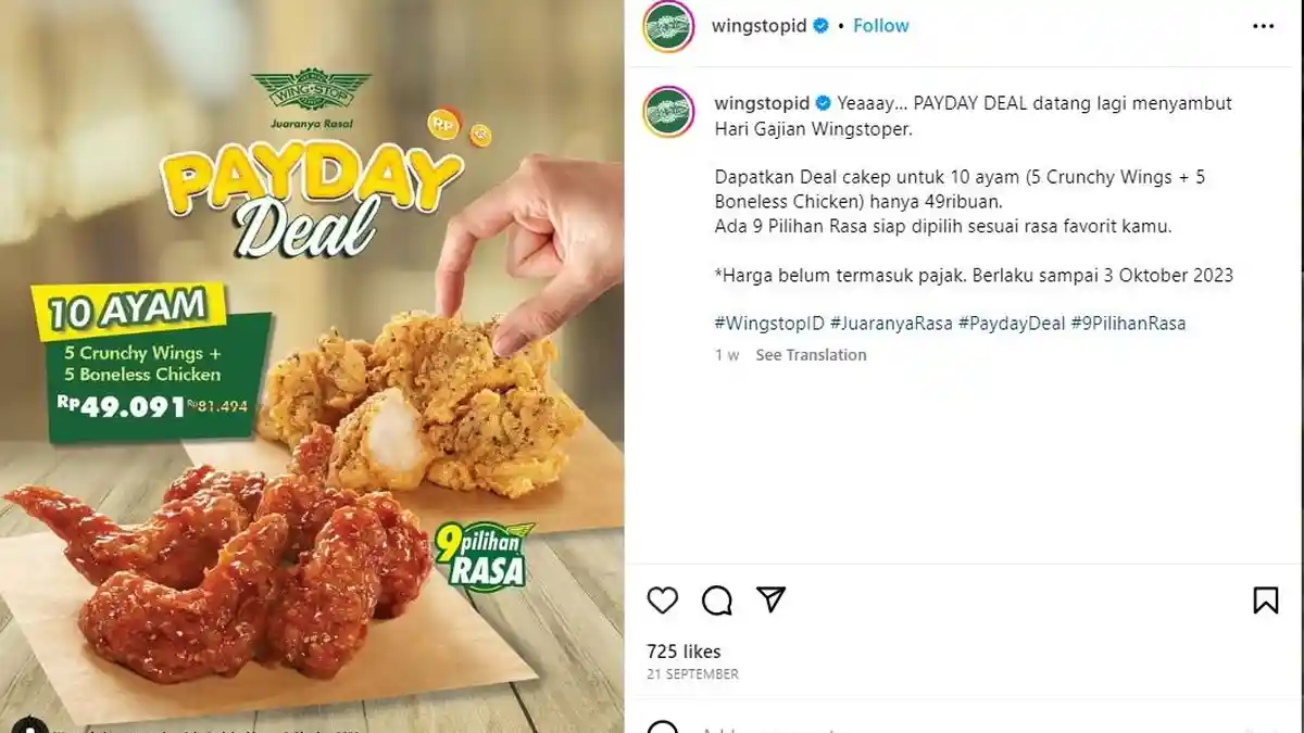 Promo Kuliner 1 Oktober, Beli 10 Ayam Wingstop Cuma Rp49 Ribu dan Buy 2 Get 1 di Golden Lamian