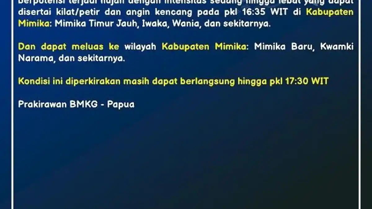 WADUH! Hujan Lebat Disertai Petir dan Angin Kencang Ancam Wilayah Mimika Sore Ini