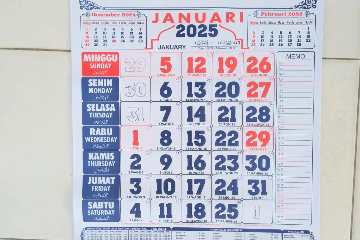 Kalender Januari 2025 Lengkap dengan Tanggal Merah dan Skema Libur Panjang Isra Miraj dan Imlek 2025
