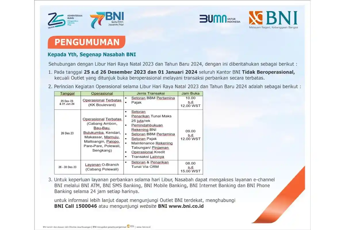 Penyesuaian Layanan BNI Selama Libur Natal 2023 dan Tahun Baru 2024