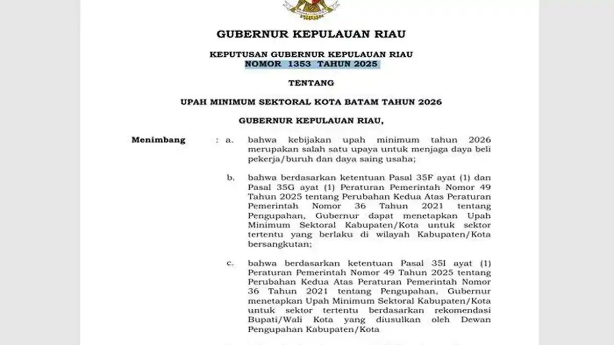 Gubernur Kepri Teken UMSK Batam 2026, Selisih Rp16.690 dari UMK Batam 2026