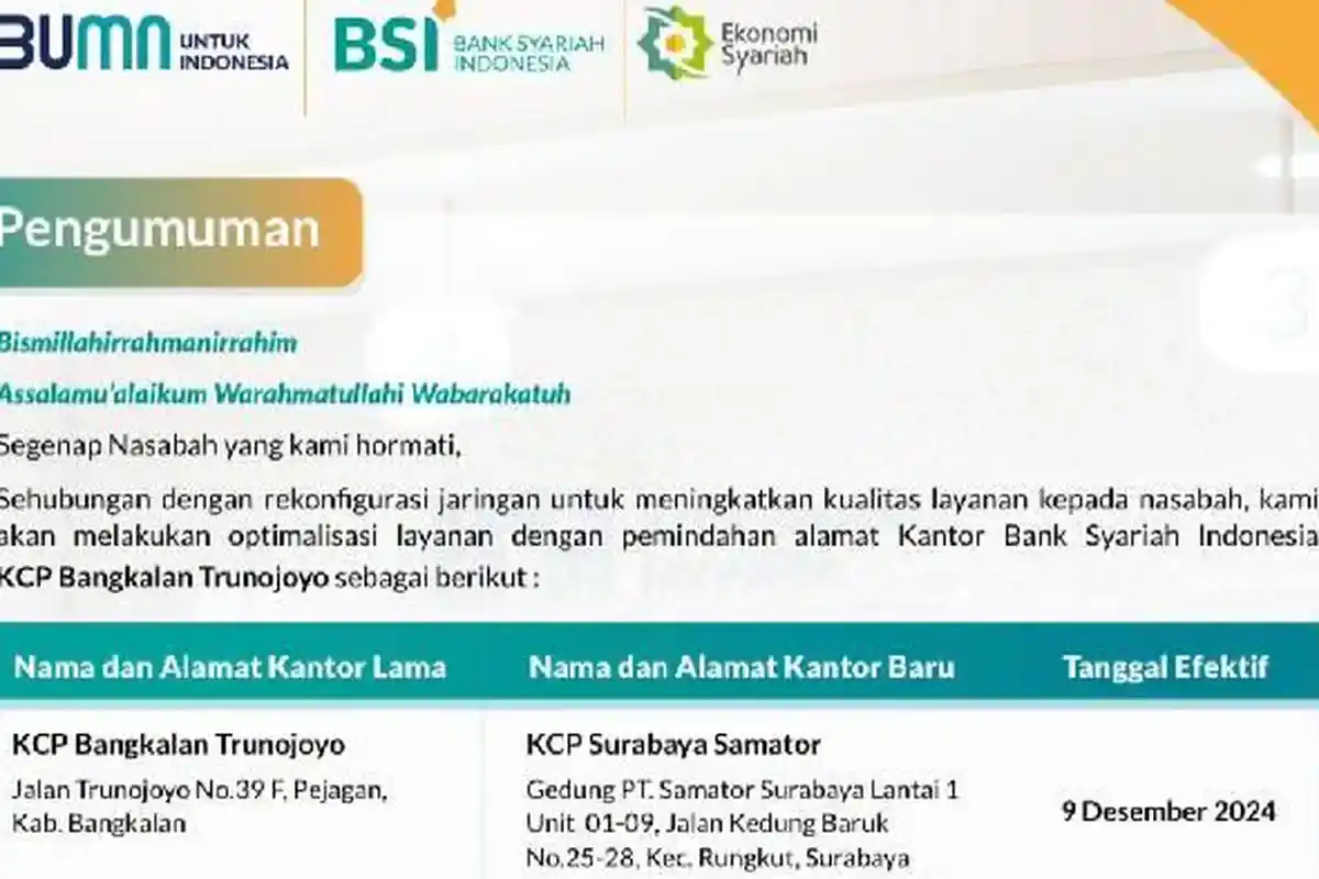 Optimalisasi Layanan, BSI KCP Bangkalan Trunojoyo Akan Relokasi ke KCP Surabaya Samator