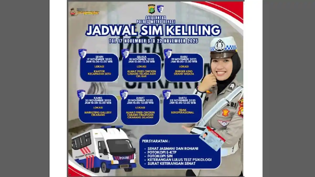 SIM Keliling Kabupaten Bekasi Jumat ini, 21 November 2025 di Cibarusah