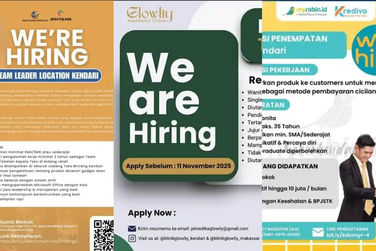 Lowongan Kerja Kendari Lulusan SMA Jadi Crew Toko hingga Terapis Kecantikan, Syarat dan Jadwal