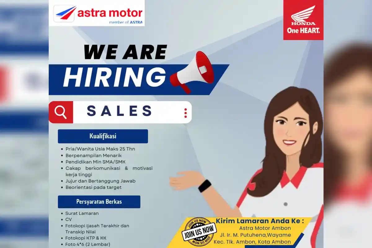 Astra Motor Ambon Buka Lowongan Kerja Posisi Sales, Minimal Lulusan SMA/SMK, Buruan Daftar