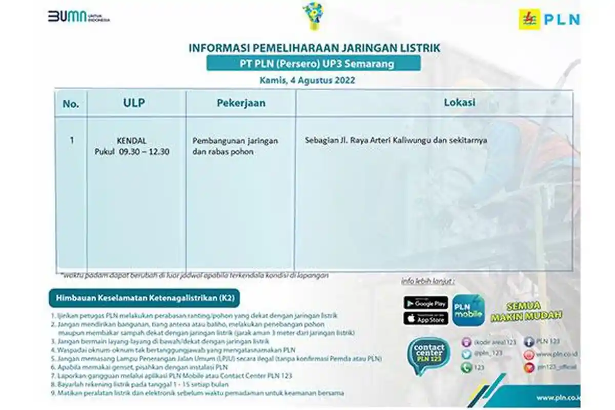 Info Pemeliharaan Jaringan PLN ULP Kendal 4 Agustus 2022