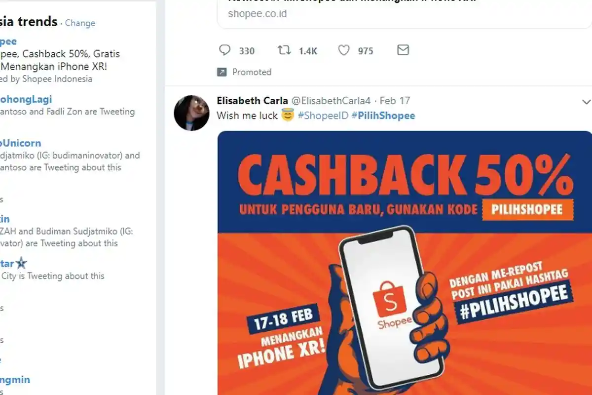 Tagar #PilihShopee Trending Topic di Twitter, Bisa Dapat Cashback 50 Persen hingga iPhone XR