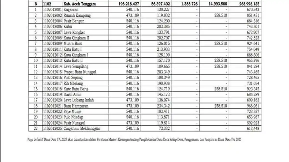 Daftar Lengkap Rincian Dana Desa Aceh Tenggara 2025, Total Rp 268, 9 Miliar