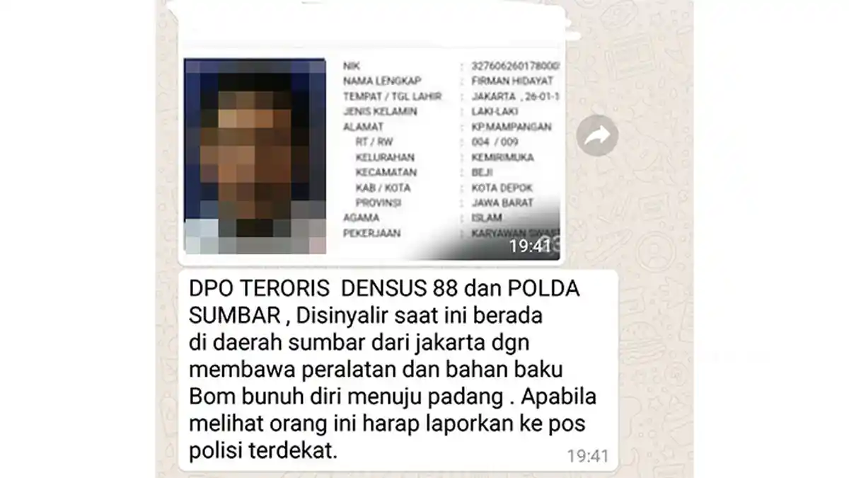 Informasi DPO Teroris Densus 88 Masuk Sumbar Beredar di Medsos, Ini Kata Polda Sumbar