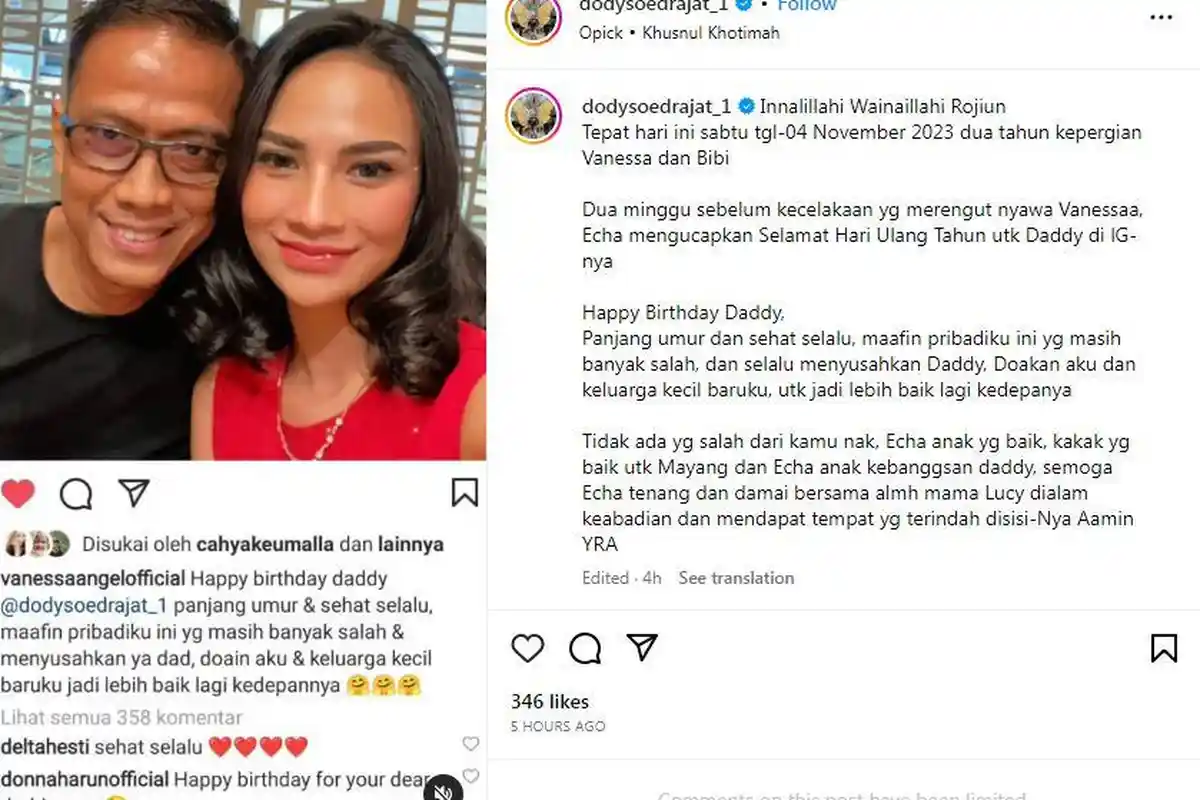 2 Tahun Kepergian Vanessa Angel, Doddy Sudrajat Tulis Ucapan Doa, Sebut Bangga dengan sang Anak