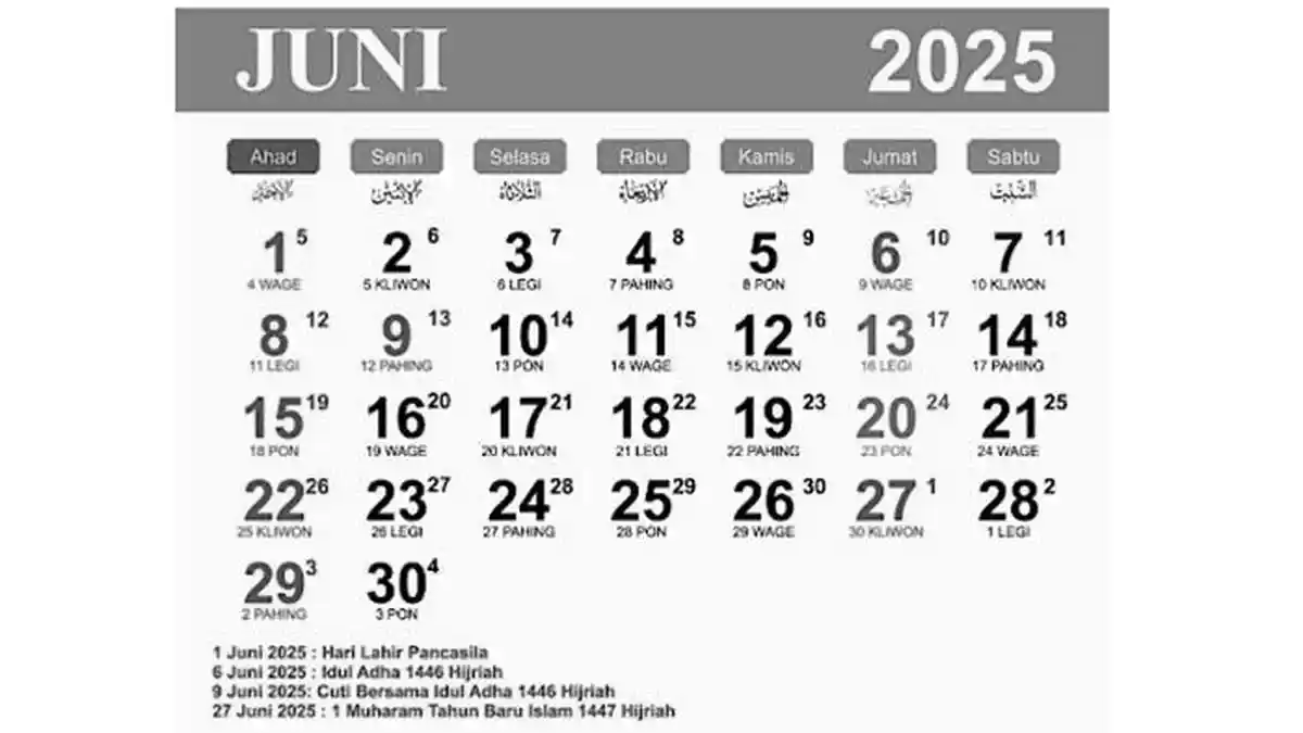 Kalender Juni 2025 Lengkap dengan Hijriyah, Jadwal Puasa Ayyamul Bidh Tanggal Berapa?