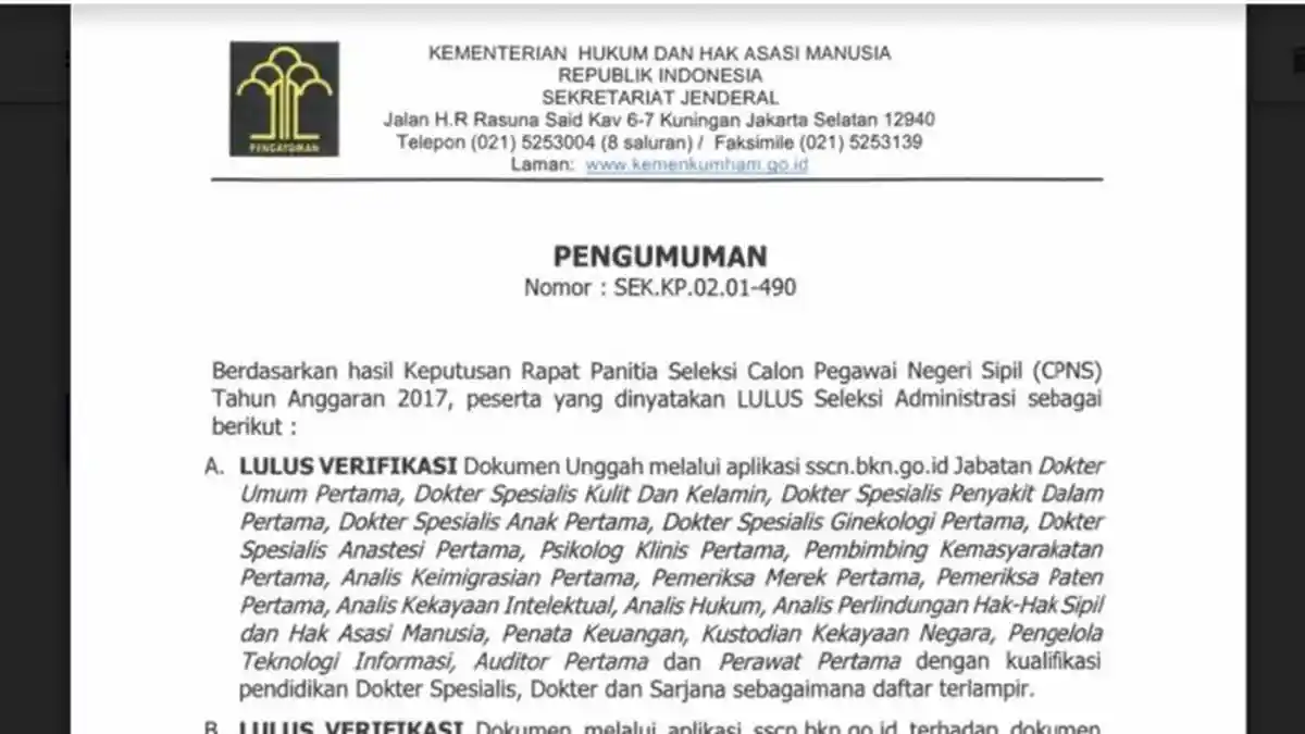 Ini Daftar Nama Pelamar Lulus Seleksi Administrasi CPNS Kemenkumham 2017