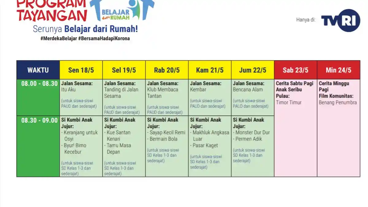 Jadwal TVRI Belajar dari Rumah Hari Ini Rabu 20 Mei 2020, Minggu Ke-6