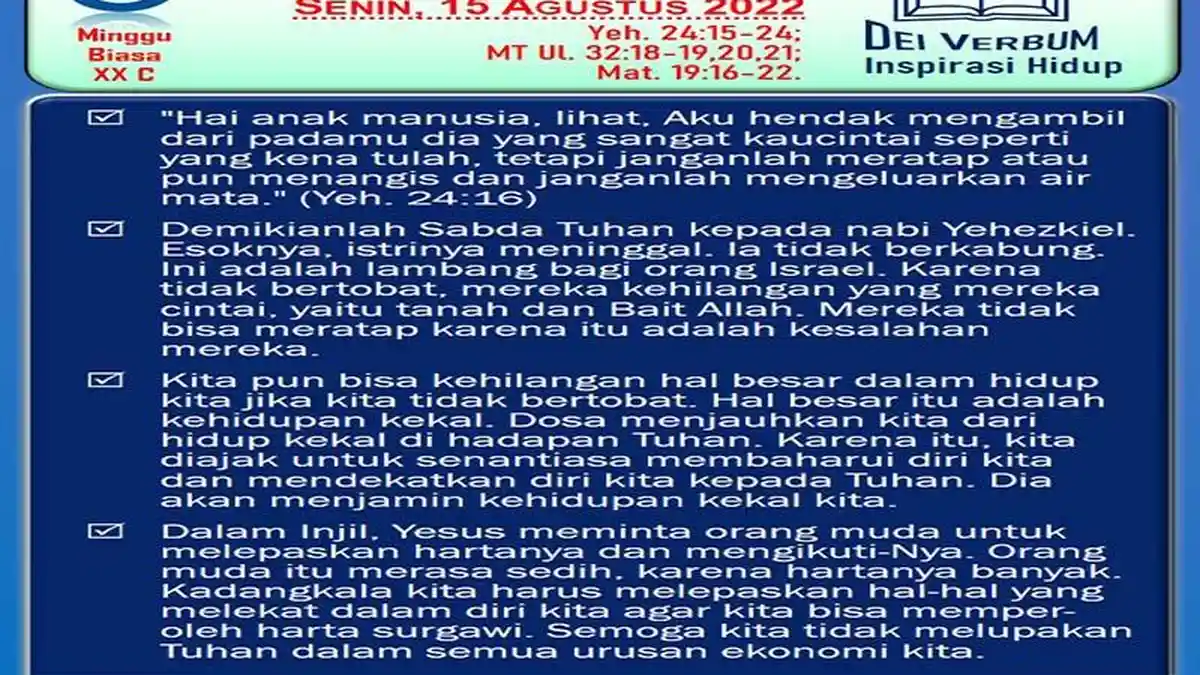 Bacaan Injil Katolik Hari Ini Senin 15 Agustus 2022