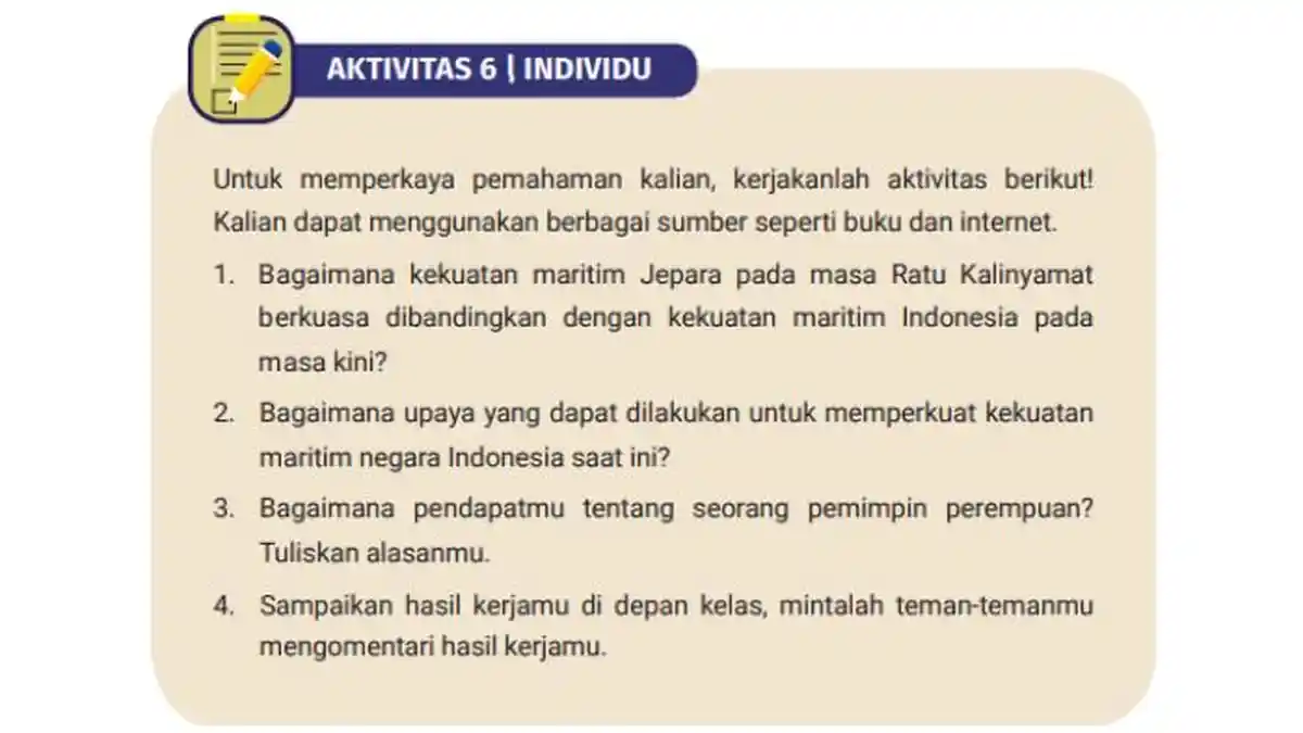 Kunci Jawaban IPS Kelas 7 Halaman 184 Kurikulum Merdeka Edisi Revisi, Ratu Kalinyamat
