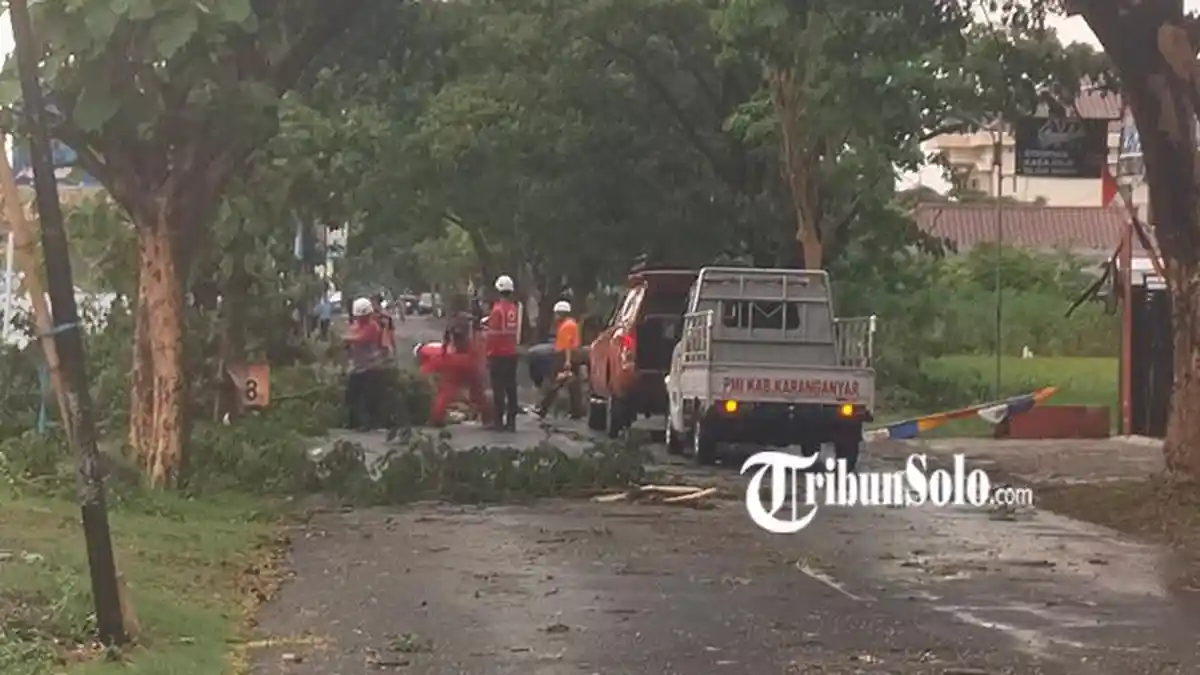 Hujan Deras & Angin Kencang Guyur Simpang Papahan Karanganyar, Pohon hingga Baliho Tumbang