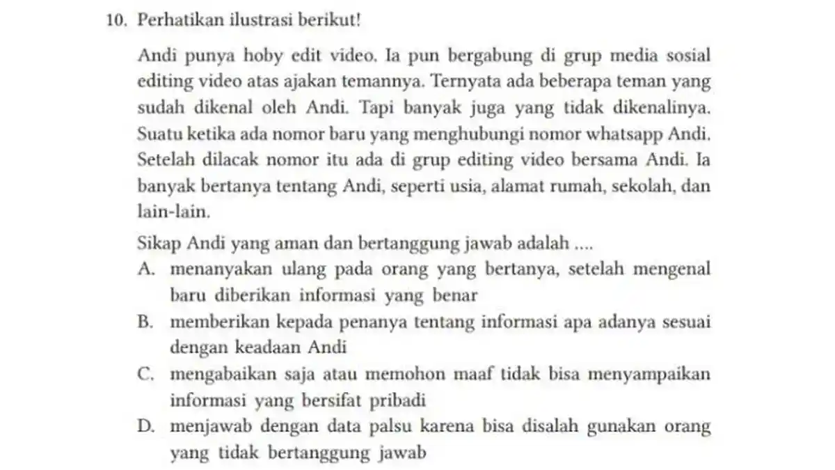 KUNCI JAWABAN PAI Kelas 8 Kurikulum Merdeka: Sikap Andi yang Aman dan Bertanggung Jawab adalah . .