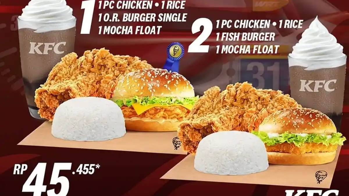 Promo KFC 10 Agustus 2022, Makan Kenyang: Ayam, Nasi, Burger, Mocha Float Rp45.455