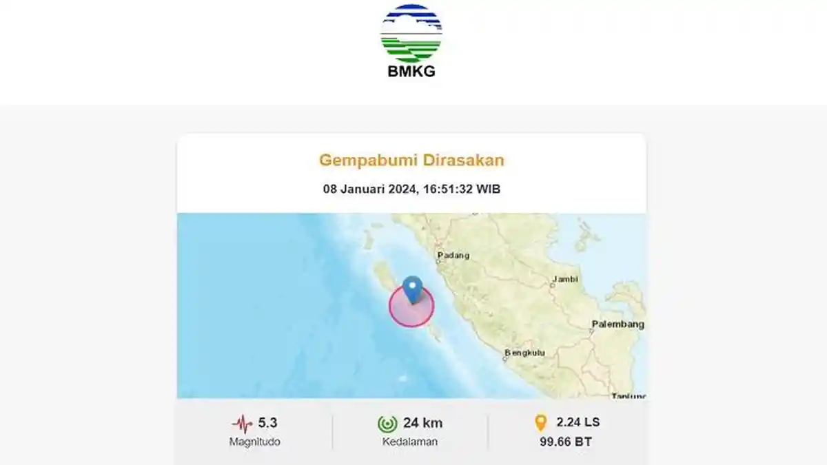 Gempa M 5,3 Guncang Tuapejat, Sumatra Barat Sore Ini