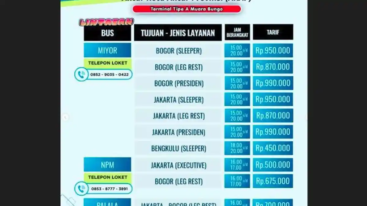 Jadwal Bus dari Terminal Muara Bungo Jambi, Sleeper Bus ke Bogor Rp950 Ribu