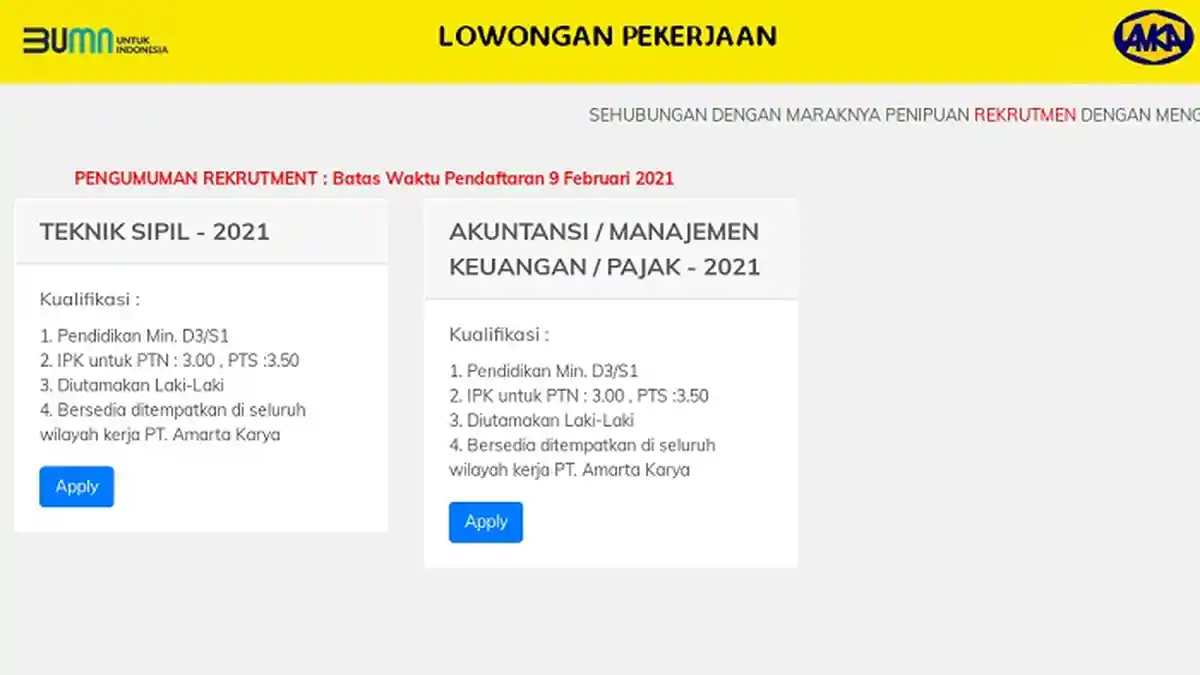 BUMN PT. Amarta Karya Buka Lowongan Kerja 2021 Untuk D3 S1 di Posisi Ini, Cek Syarat dan link Lamar