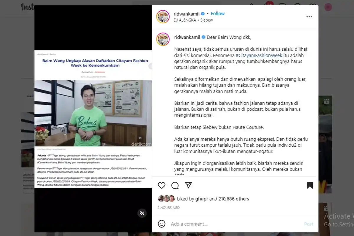 Langkah Baim Wong Dihadang Ridwan Kamil, Minta Pendaftaran CFW Dicabut: Tidak Perlu Ngatur-ngatur!