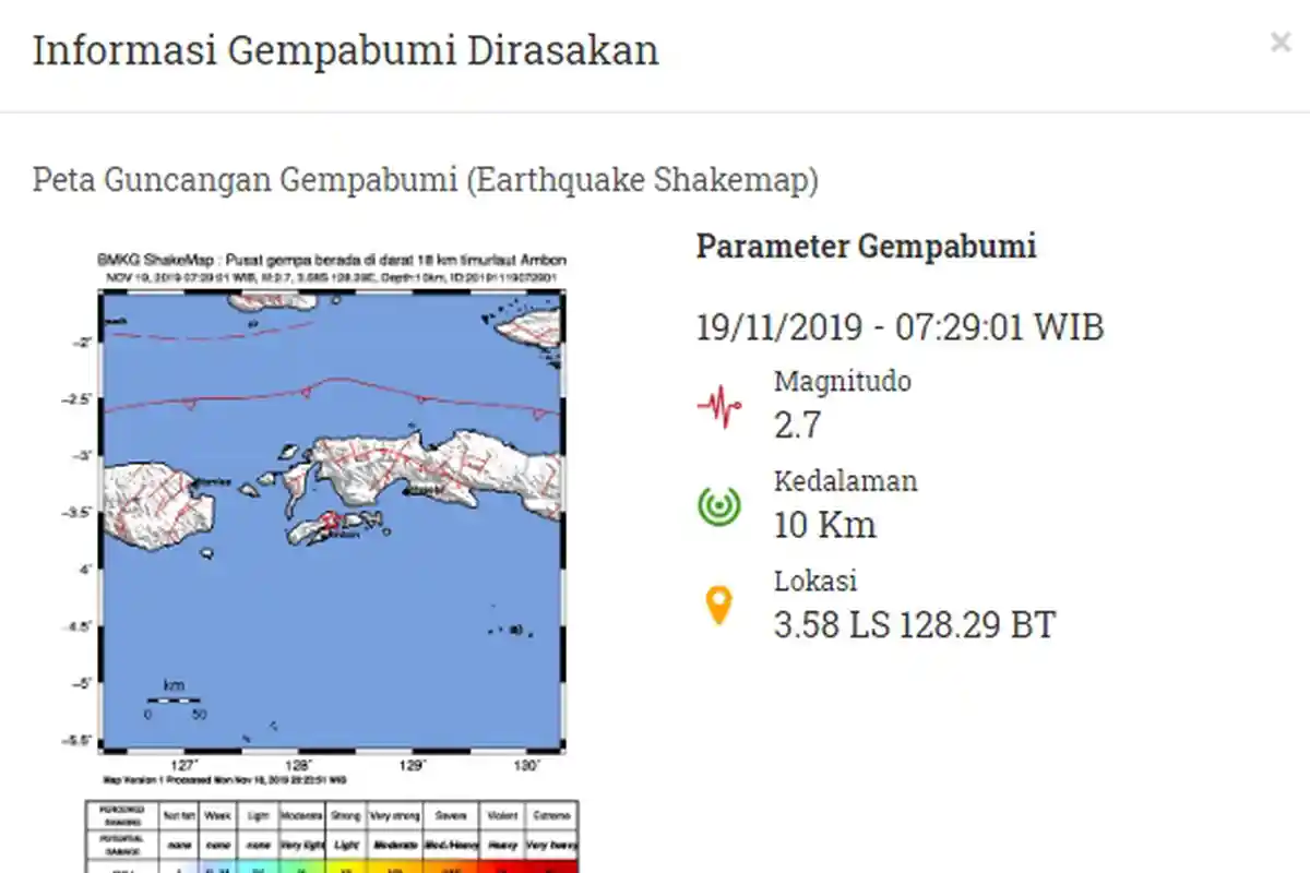 Baru Saja Terjadi, Info Gempa Terkini Selasa 19 November 2019 Pukul 07:29:01 WIB Lokasinya di Ambon
