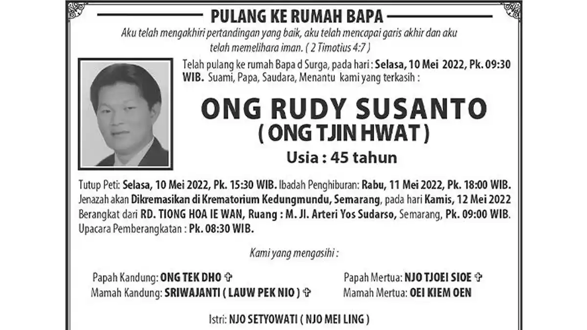 Berita Duka Ong Rudy Susanto Meninggal di Semarang