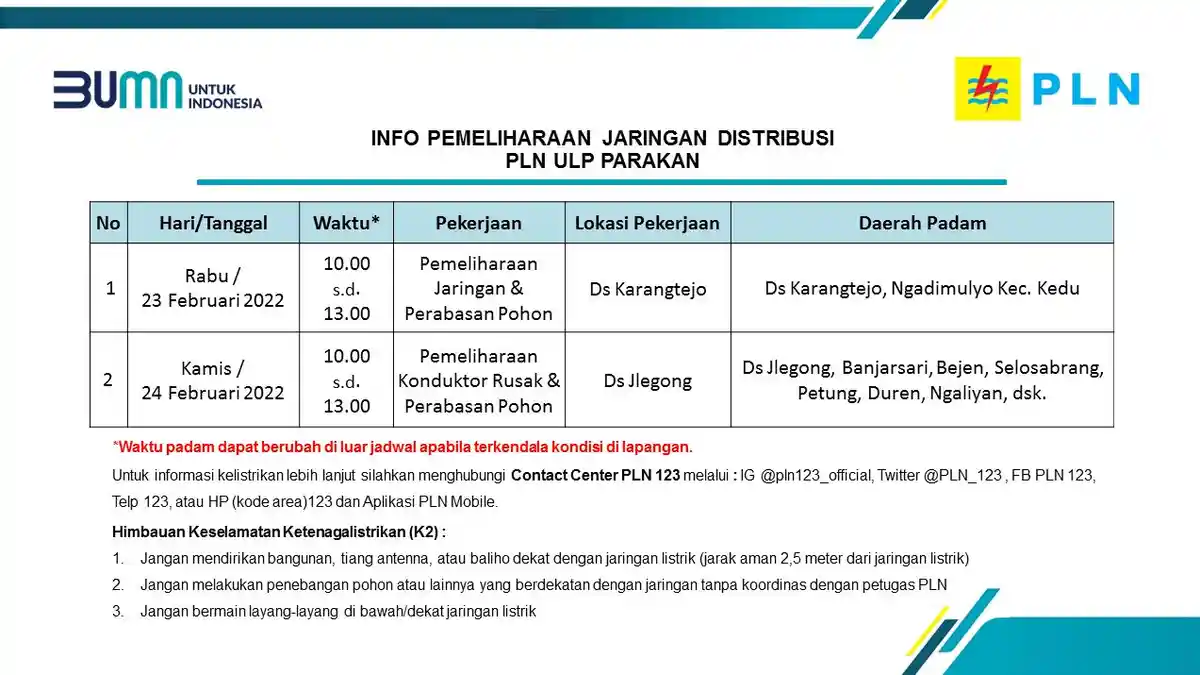 Info Pemeliharaan Jaringan Listrik PLN ULP Parakan Temanggung 23-24 Februari 2022