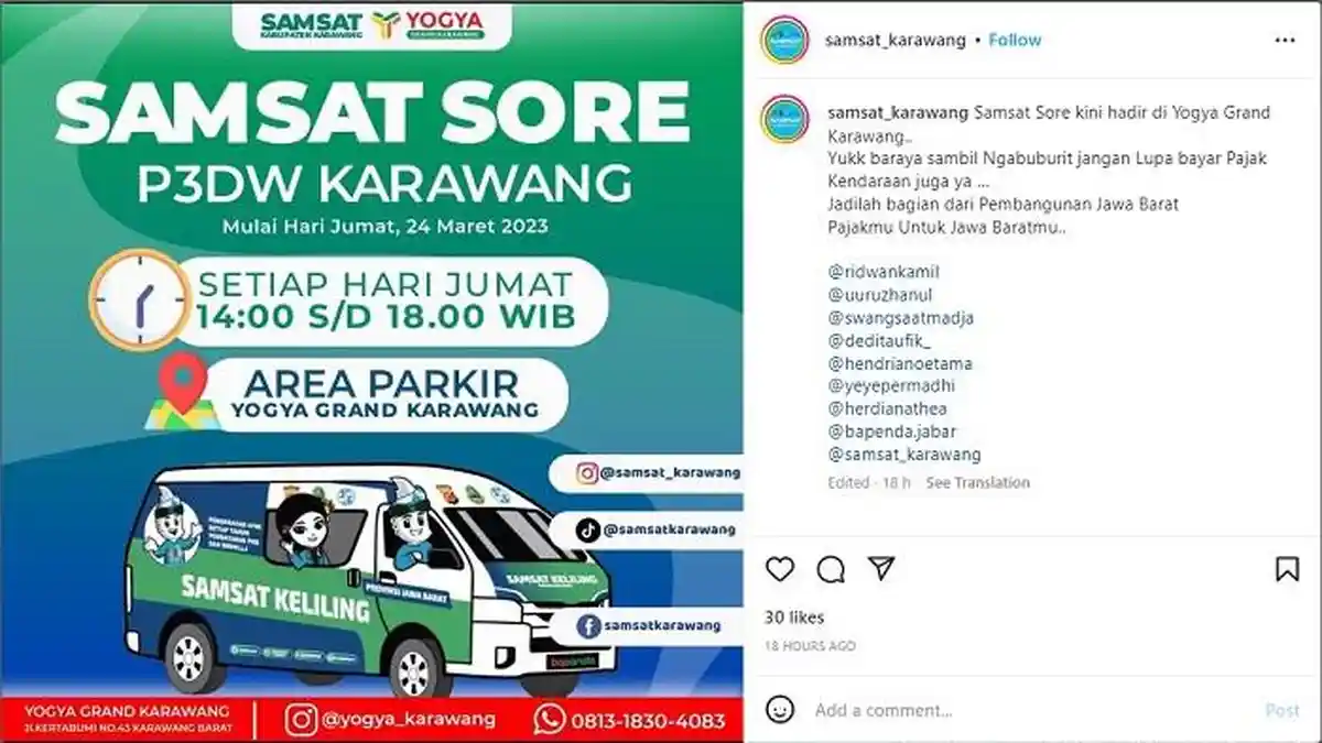 Lokasi Layanan Samsat Keliling di Kota/Kabupaten Bekasi dan Karawang, Jumat 24 Maret 2023