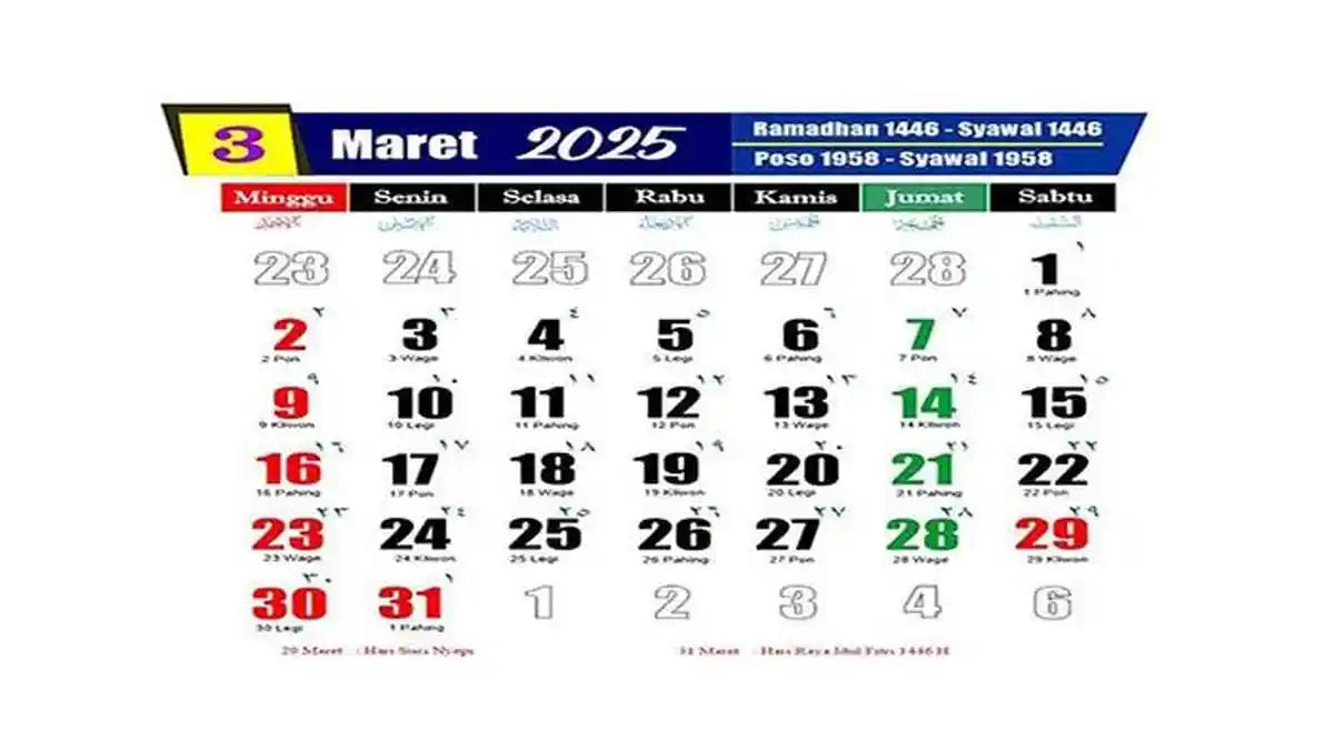 Kalender Maret 2025 Lengkap dengan Tanggal Merah dan Cuti Bersama