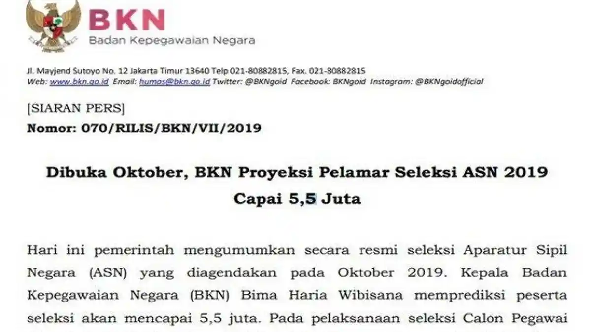Formasi CPNS 2019 Diverifikasi BKN dan Kemenpan RB, Pendaftaran CPNS / PPPK 2019 Dibuka Oktober