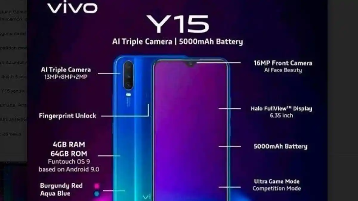 Vivo Y15 Ponsel Terbaru 3 Kamera Dibanderol Rp 2,2 Jutaan
