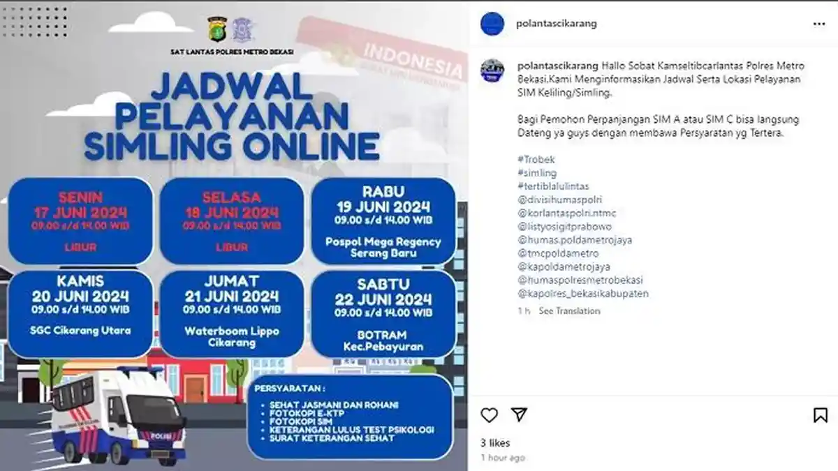 SIM Keliling Kabupaten Bekasi Senin 17 Juni 2024 Besok Tutup, Libur Nasional Hari Raya Idul Adha