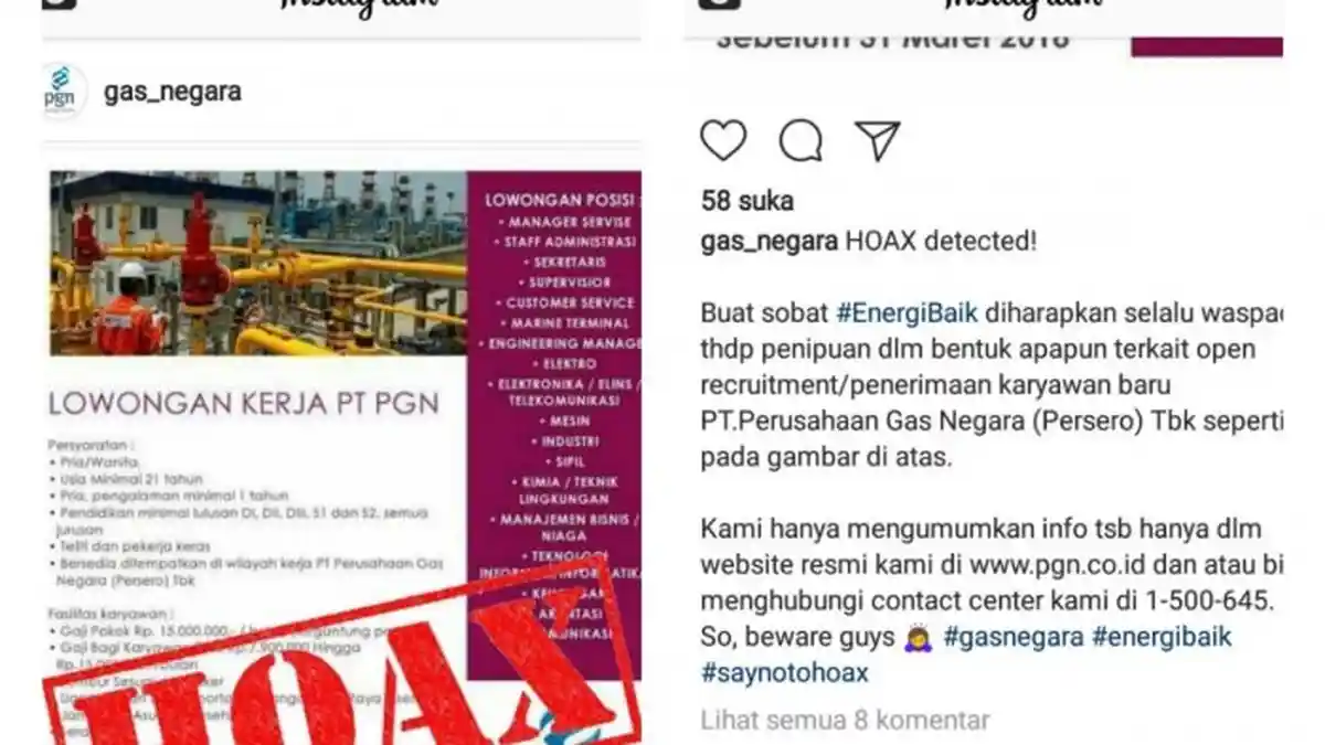 JANGAN TERTIPU, Iklan Lowongan Kerja PT PGN yang Ramai Tersebar di Medsos Ternyata HOAX!