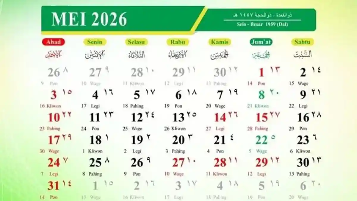 Kalender Bulan Mei 2026 Lengkap Libur Nasional, Tanggal Merah, Cuti Bersama hingga Long Weekend