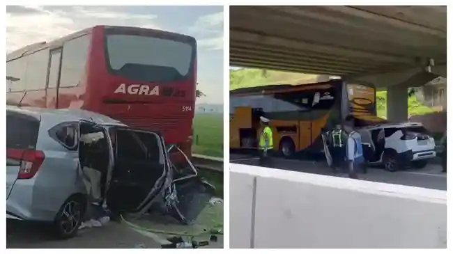 Toyota Calya Hajar Pantat Bus Agra Mas di Tol Pejagan, Xpander Sodok 27 Trans di Tol Batang