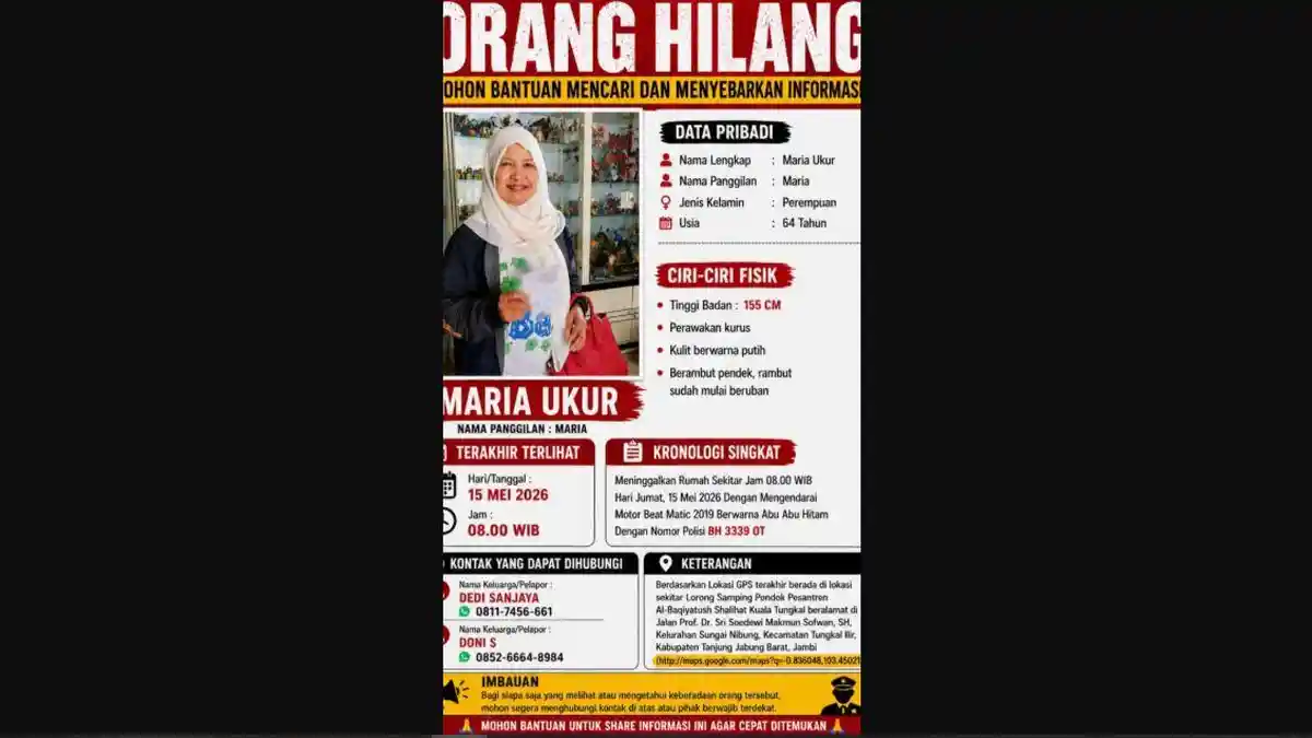 Info Orang Hilang di Tanjabbar Jambi - Maria Ukur Tak Ada Kabar Sejak Jumat Pekan Lalu