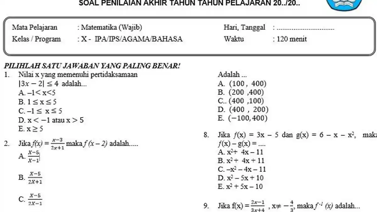 30 Soal PAT Matematika Kelas 10 SMA Semester 2, Beserta Kunci Jawaban PAS, UAS