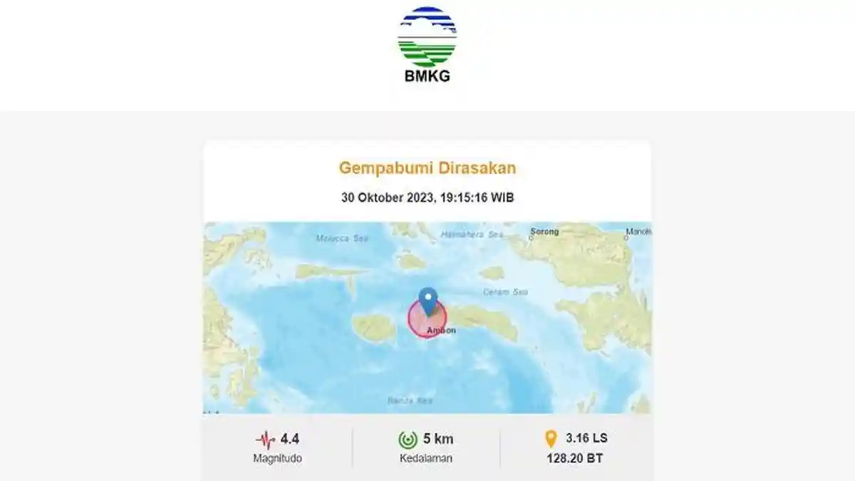 Gempa Terkini 4,4 M Guncang Maluku Malam Ini, Pusat Gempa di Daratan