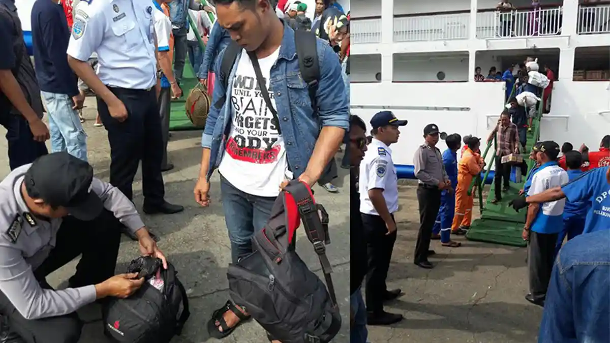 Lima Polisi Periksa Bawaan Penumpang Kapal di Pelabuhan Samarinda
