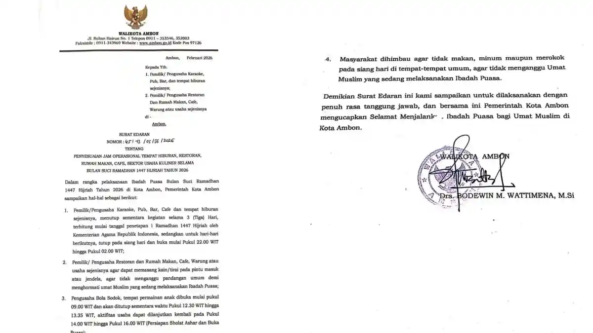 Wali Kota Ambon Keluarkan Edaran Penyesuain Jam Operasional Selama Ramadan, Ini Isinya