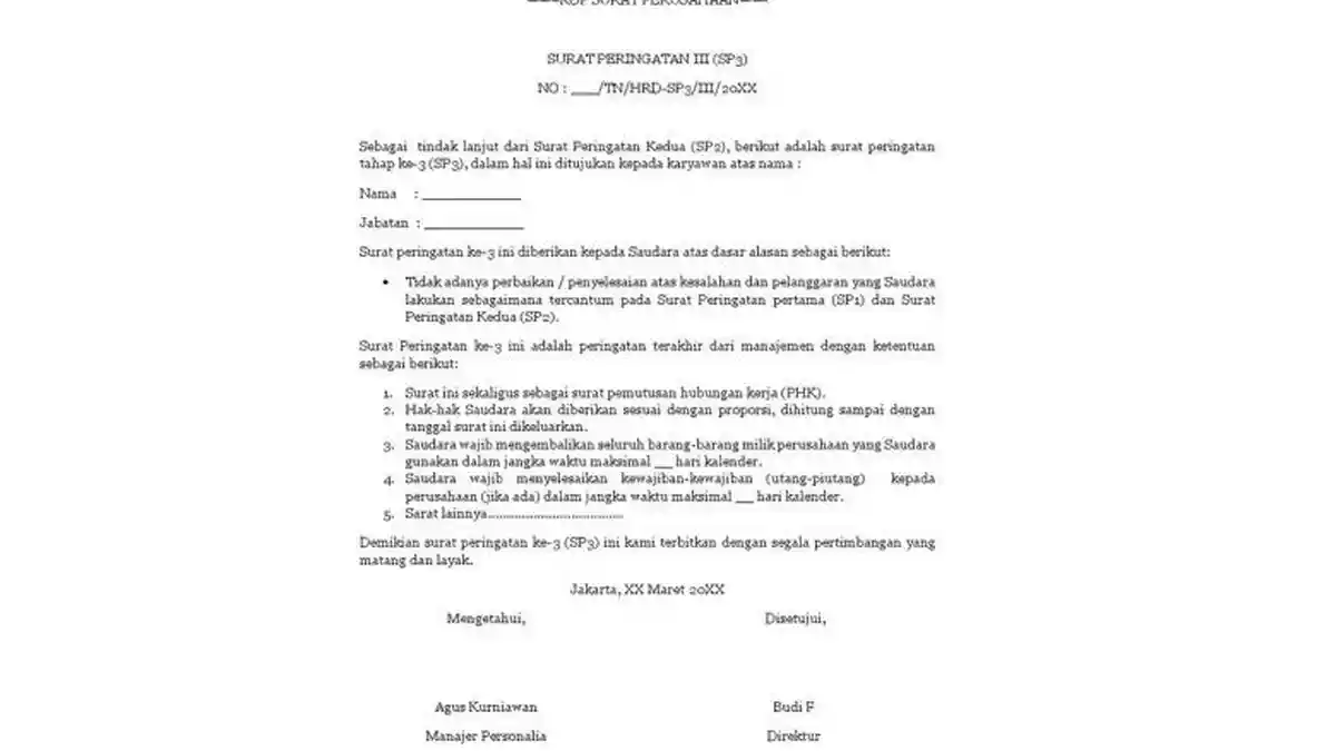 Contoh Surat Peringatan SP 1, SP 2, dan SP 3 dari Perusahaan Tempat Kerja