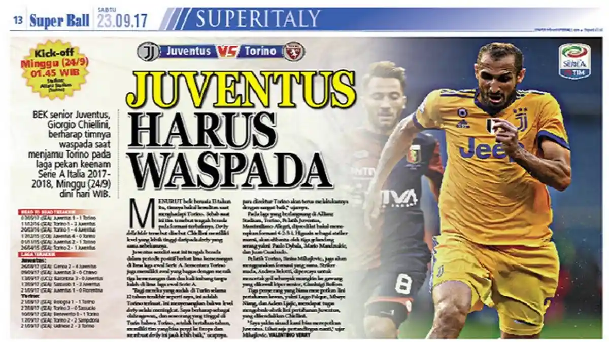 Giorgio Chiellini Ingin Pemain Juventus Waspadai Torino
